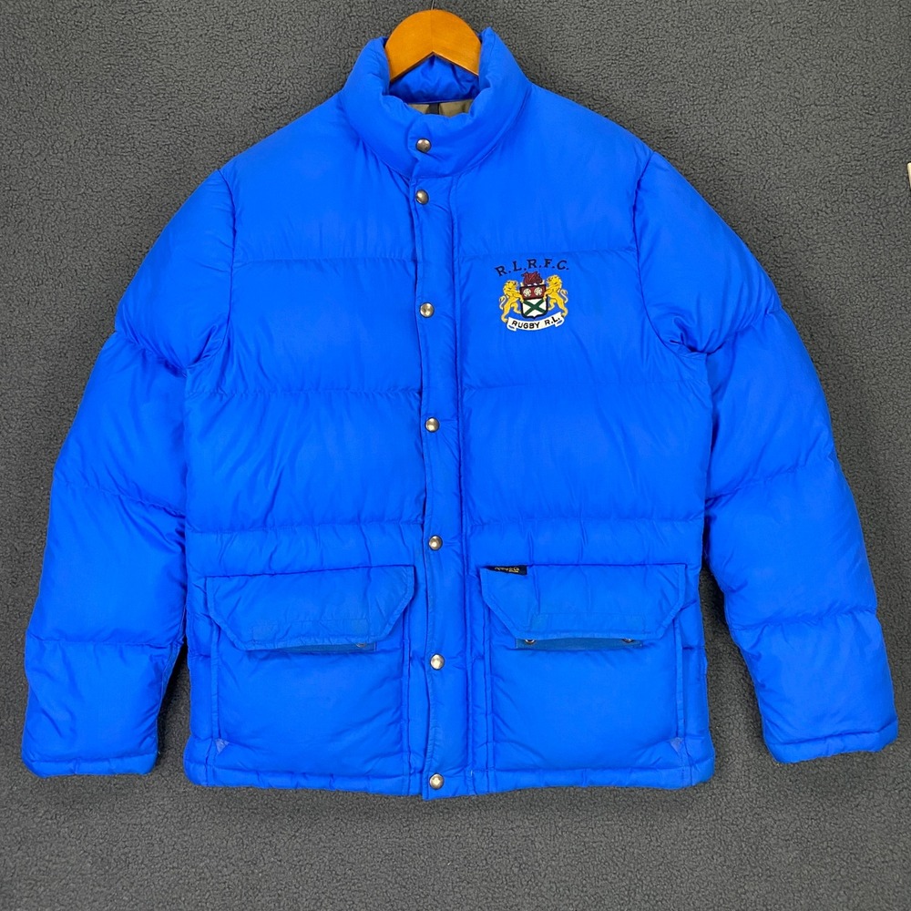 Ralph Lauren Rugby Down Puffer Jacket Men Small Blue Crest Patch Ripstop Vintage